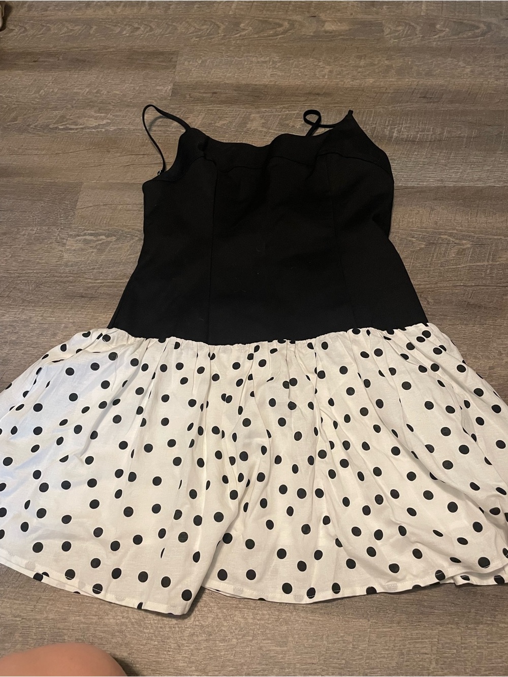 Black Spaghetti Strap Mini Dress with White Polka Dot Skirt